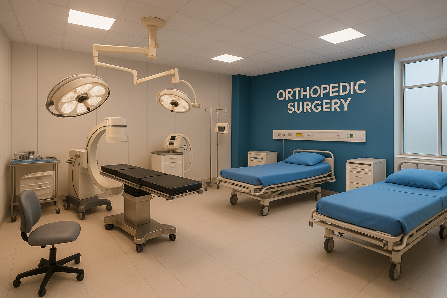 Modern orthopedic surgery department with bone surgery equipment and clean hospital interior