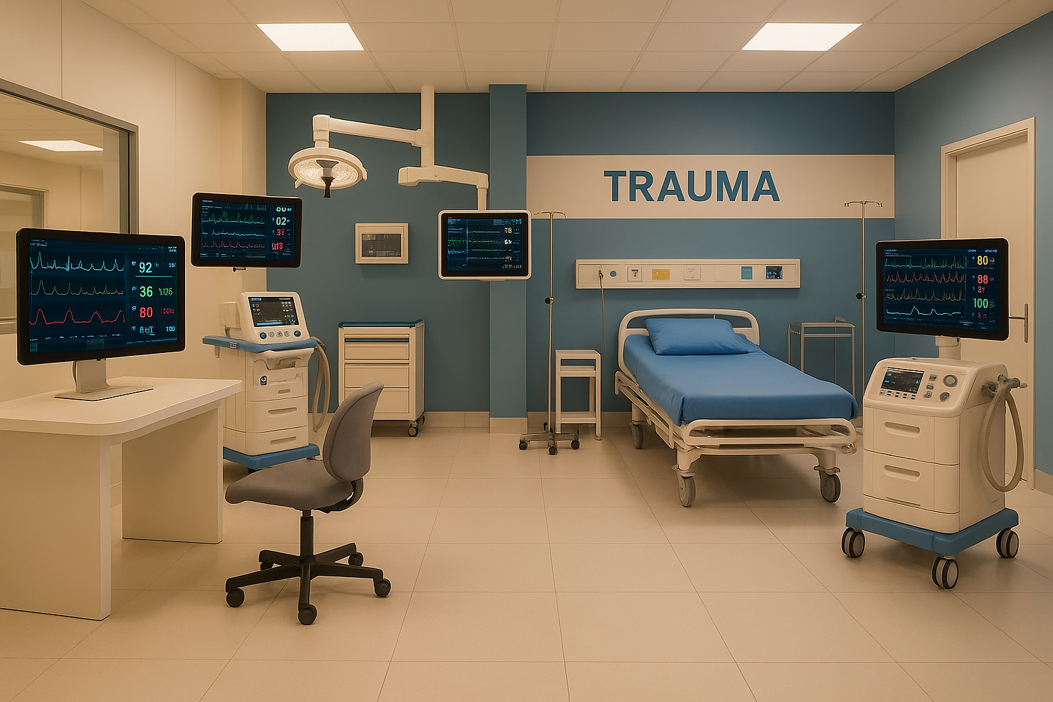 Modern trauma surgery department with emergency equipment and clean hospital interior